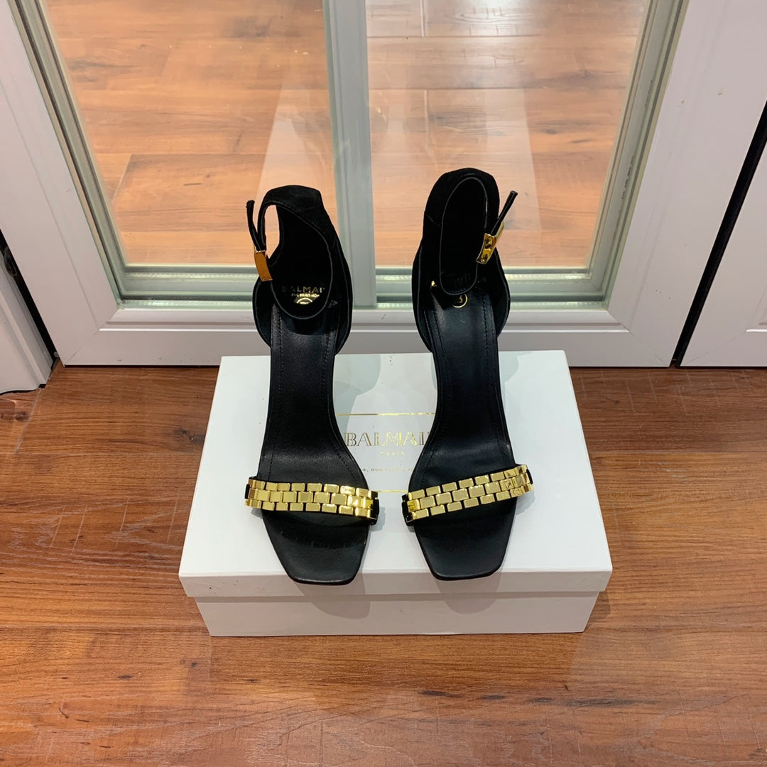 BALMAIN 25S METAL STRAP HIGH HEELS 95MM IN BLACK SUEDE GOLD HARDWARE - 35