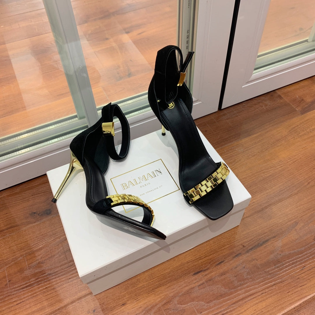 BALMAIN 25S METAL STRAP HIGH HEELS 95MM IN BLACK SUEDE GOLD HARDWARE - 35