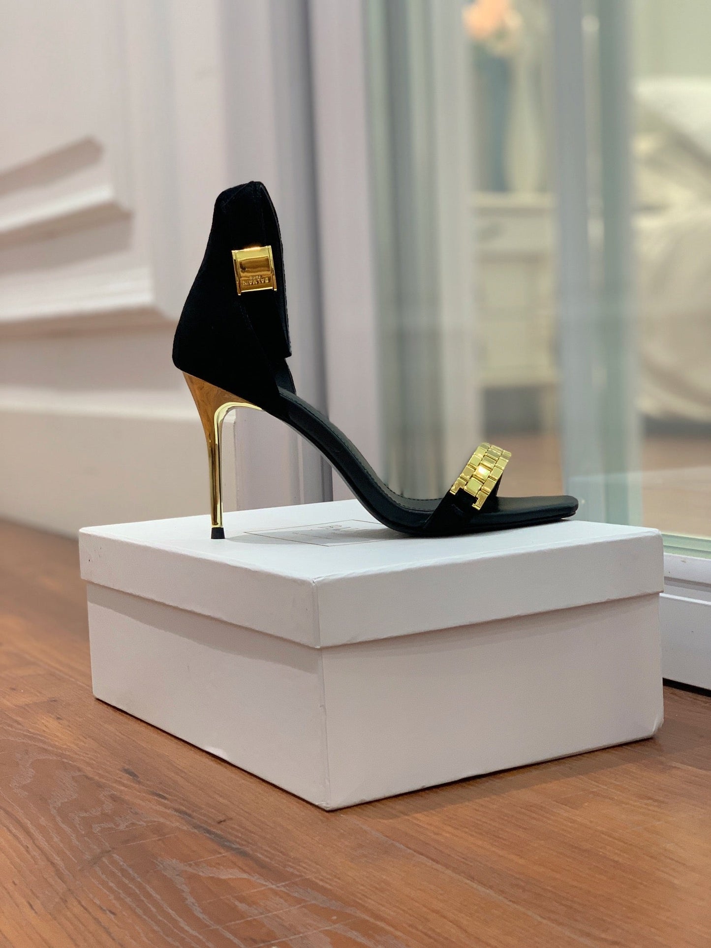 BALMAIN 25S METAL STRAP HIGH HEELS 95MM IN BLACK SUEDE GOLD HARDWARE - 35