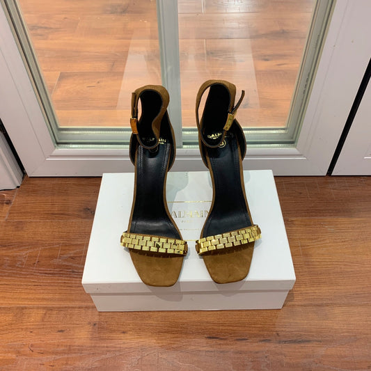 BALMAIN 25S METAL STRAP HIGH HEELS 95MM IN BROWN SUEDE GOLD HARDWARE - 35
