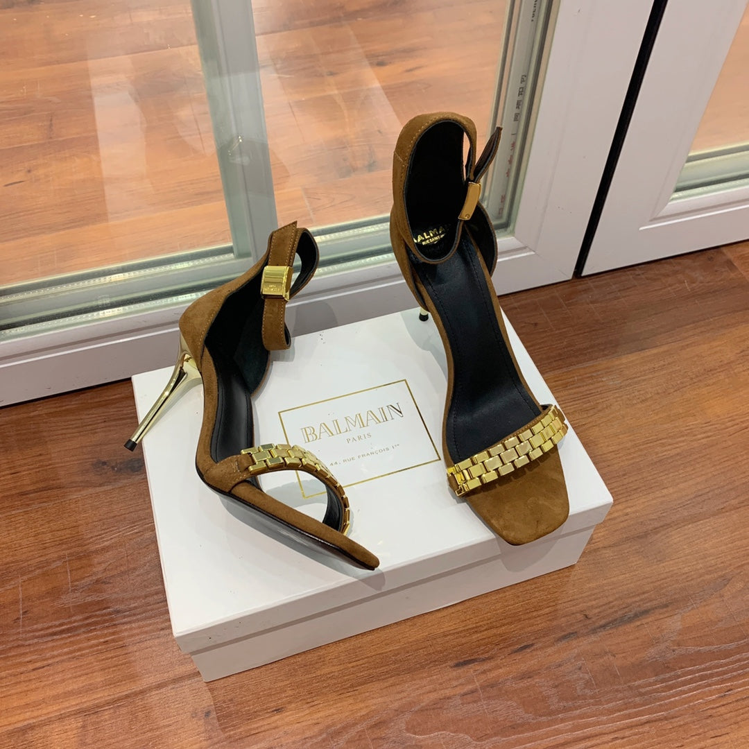 BALMAIN 25S METAL STRAP HIGH HEELS 95MM IN BROWN SUEDE GOLD HARDWARE - 35