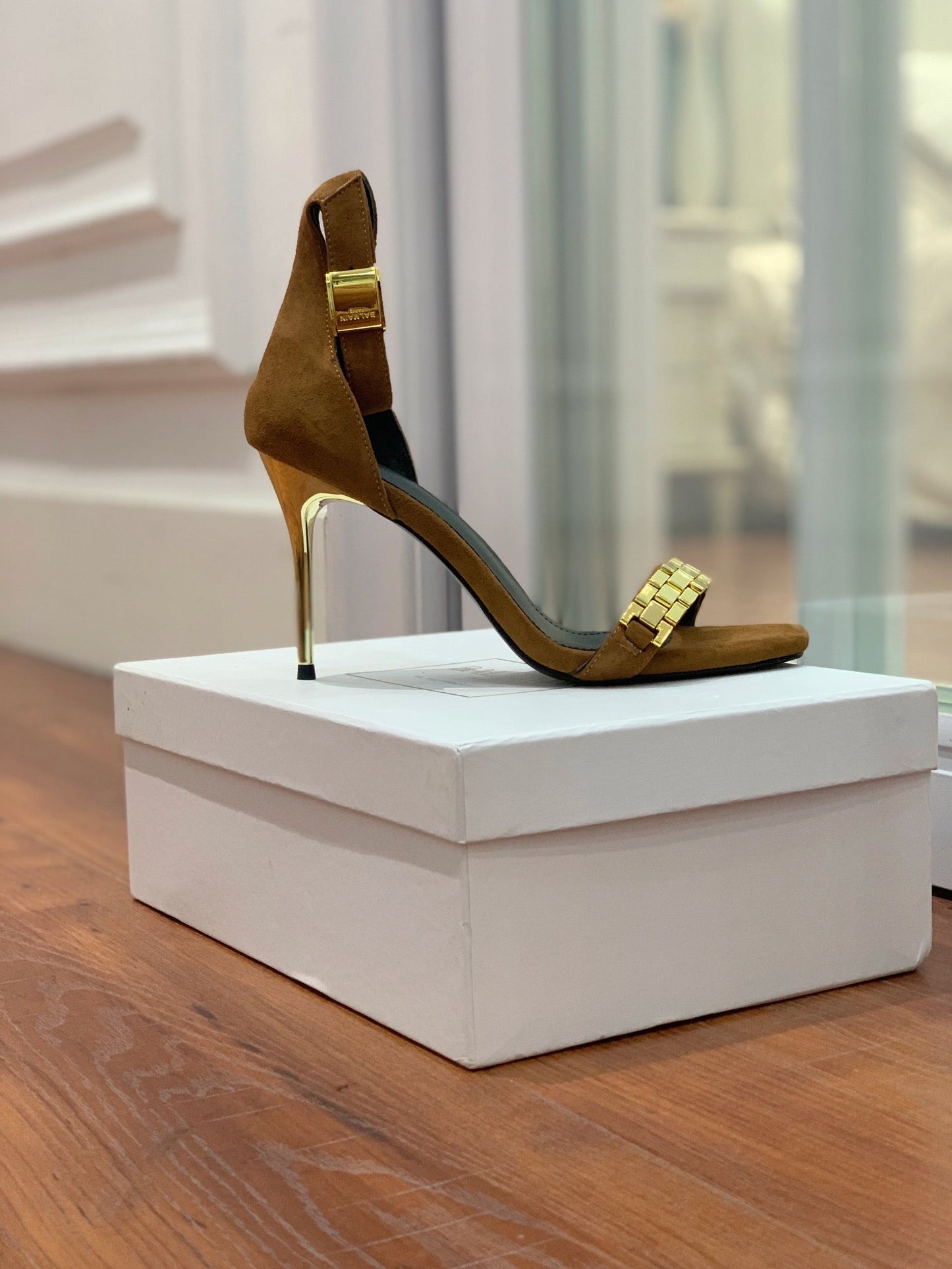 BALMAIN 25S METAL STRAP HIGH HEELS 95MM IN BROWN SUEDE GOLD HARDWARE - 35