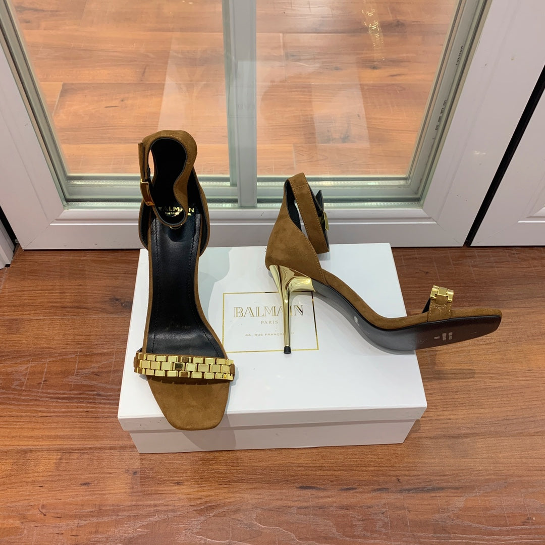 BALMAIN 25S METAL STRAP HIGH HEELS 95MM IN BROWN SUEDE GOLD HARDWARE - 35