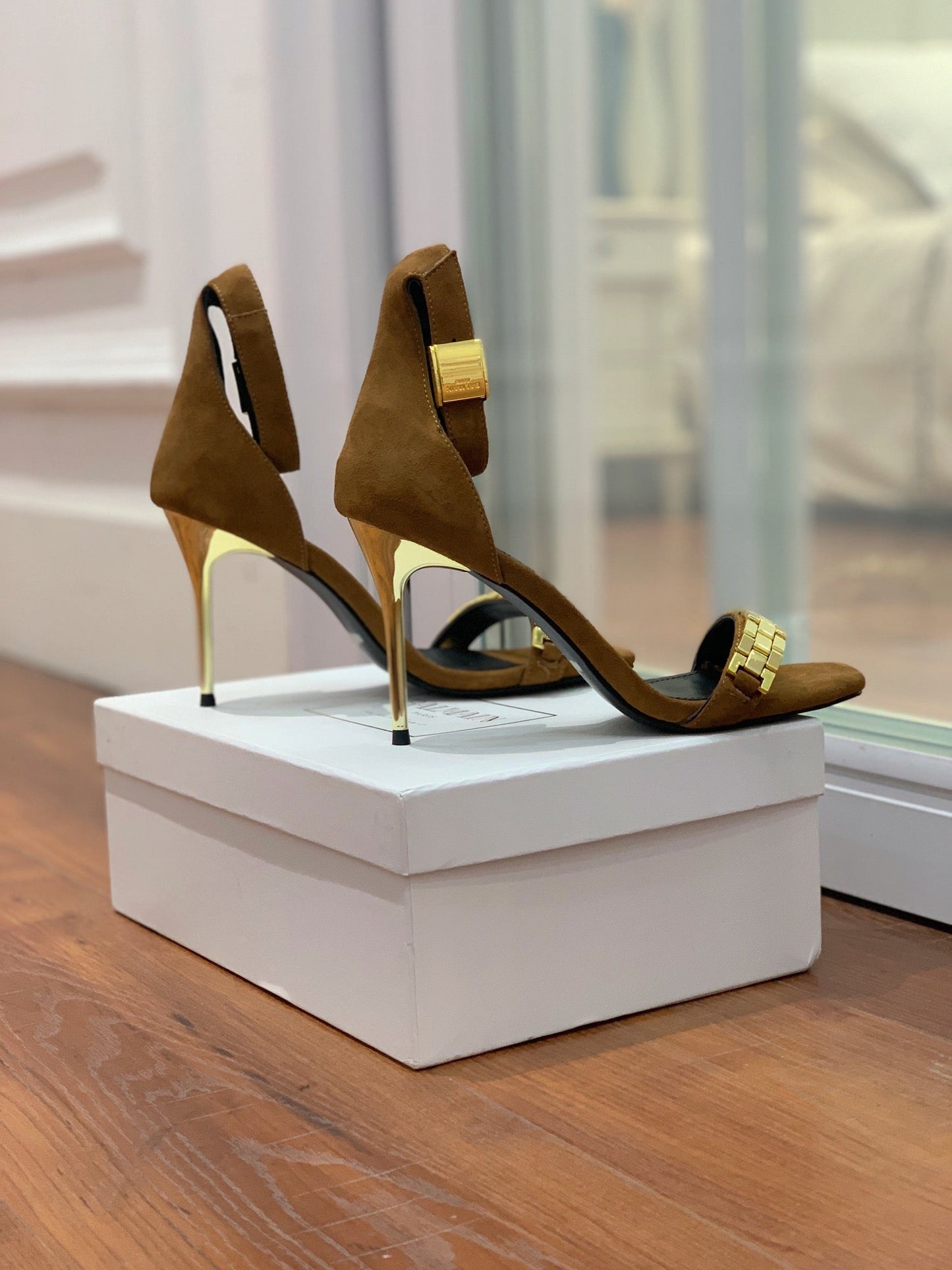 BALMAIN 25S METAL STRAP HIGH HEELS 95MM IN BROWN SUEDE GOLD HARDWARE - 35