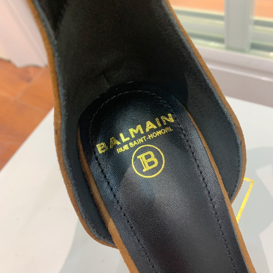 BALMAIN 25S METAL STRAP HIGH HEELS 95MM IN BROWN SUEDE GOLD HARDWARE - 35