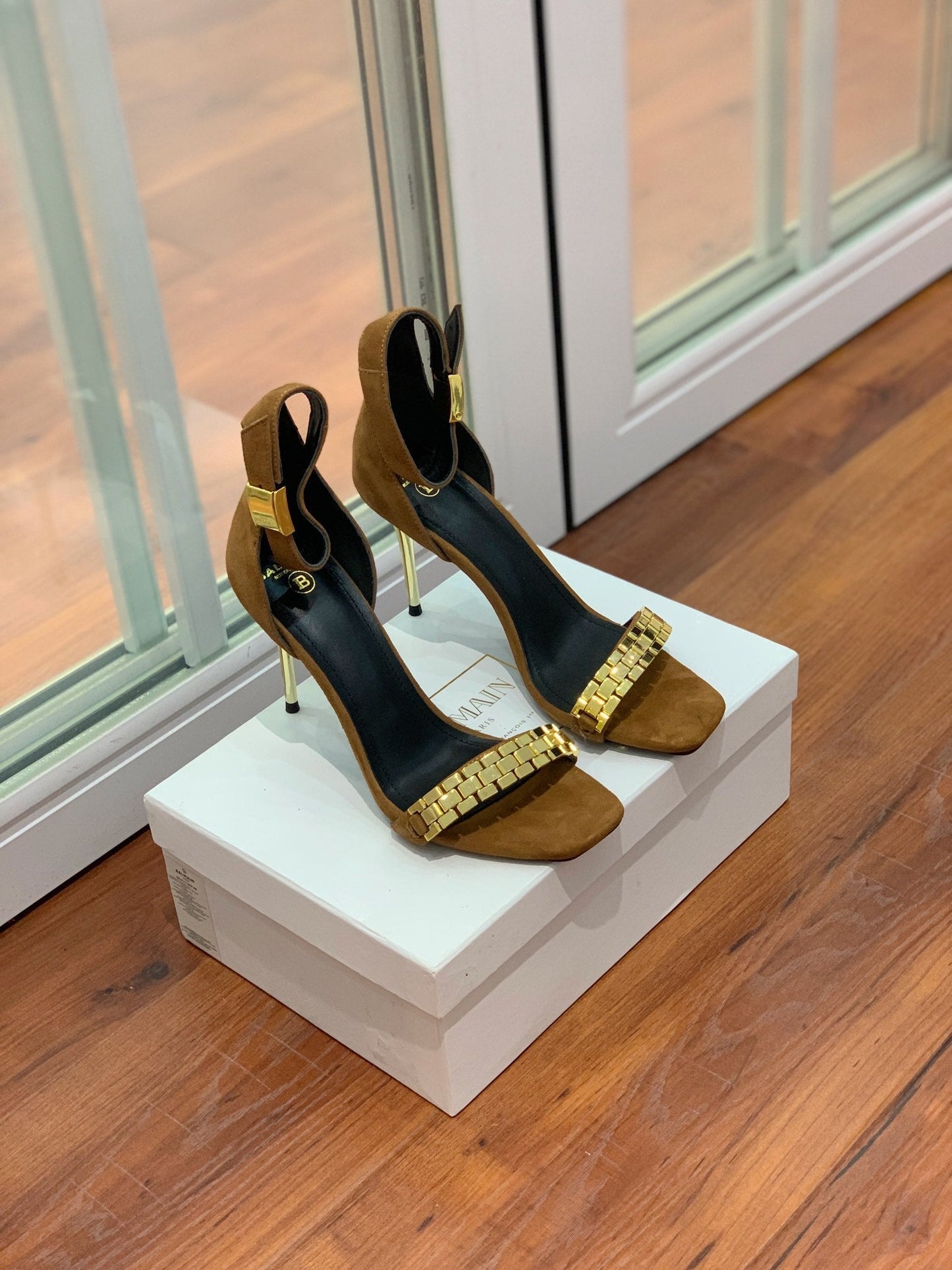 BALMAIN 25S METAL STRAP HIGH HEELS 95MM IN BROWN SUEDE GOLD HARDWARE - 35
