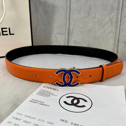 CC 30MM BELT IN FIRE ORANGE GRAINED CALFSKIN WITH NAVY BLUE METAL LOGO - 30