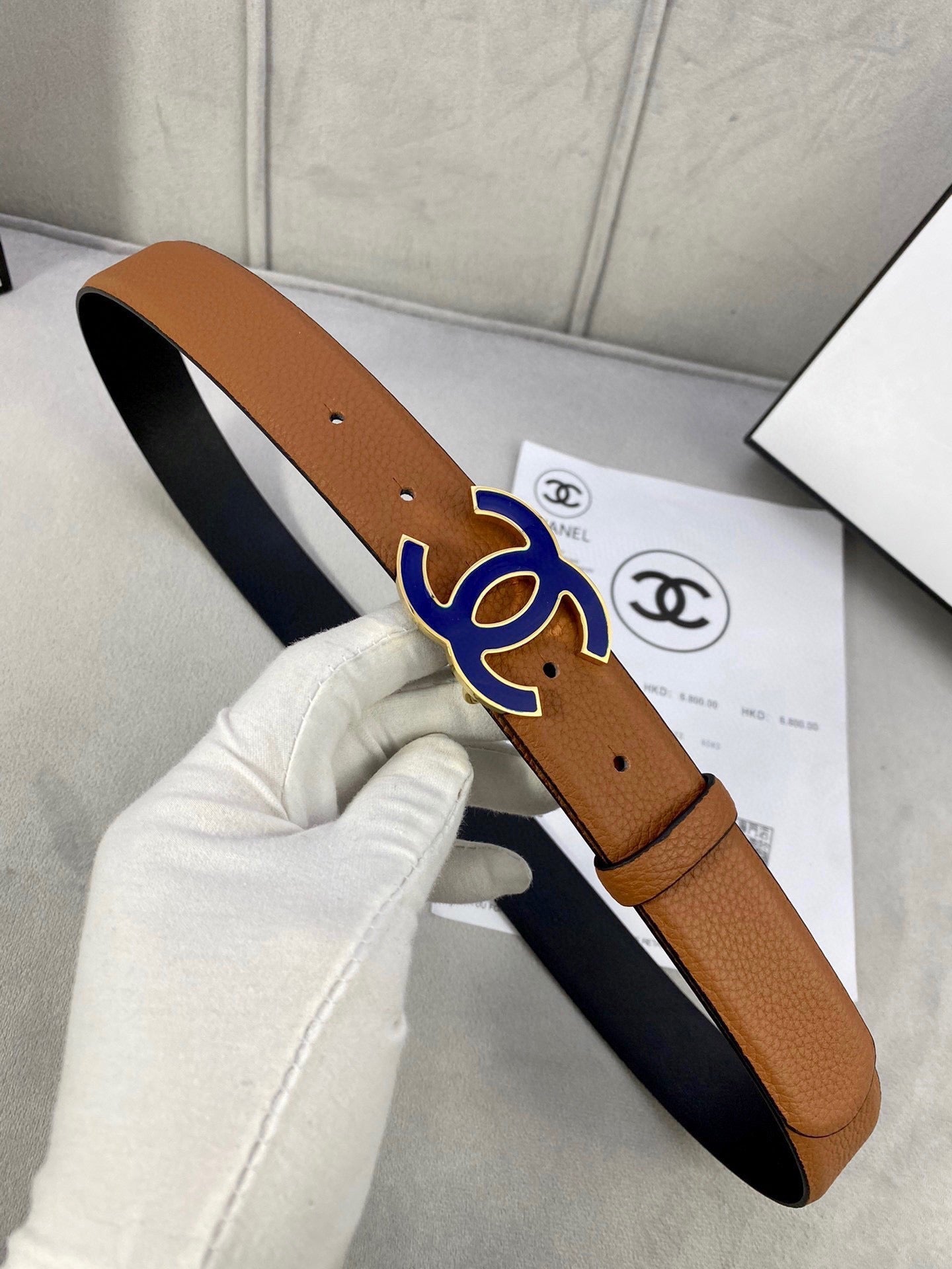 CC 30MM BELT IN BRONZE BROWN GRAINED CALFSKIN WITH NAVY BLUE METAL LOGO - 30
