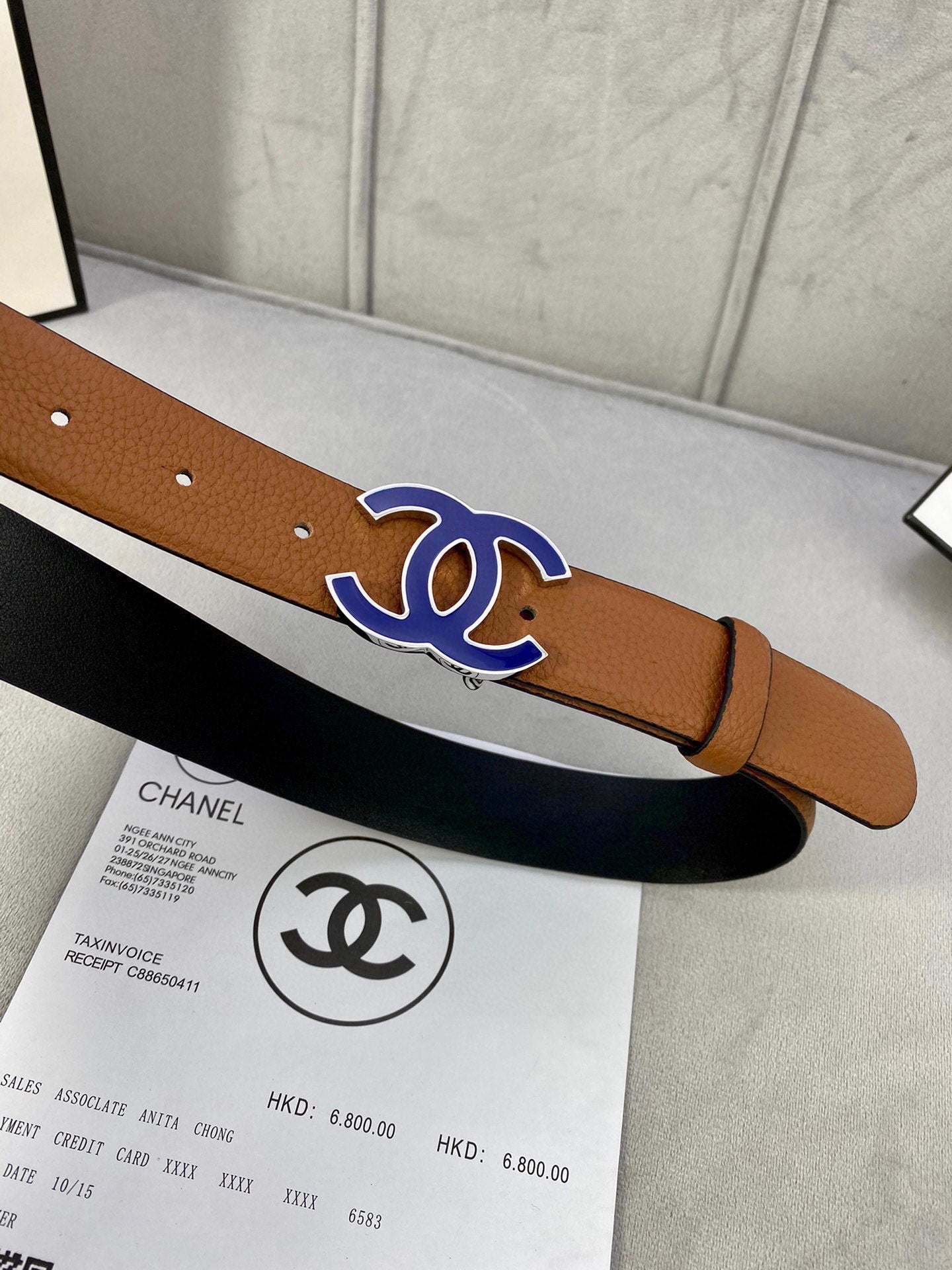 CC 30MM BELT IN BRONZE BROWN GRAINED CALFSKIN WITH NAVY BLUE METAL LOGO - 30