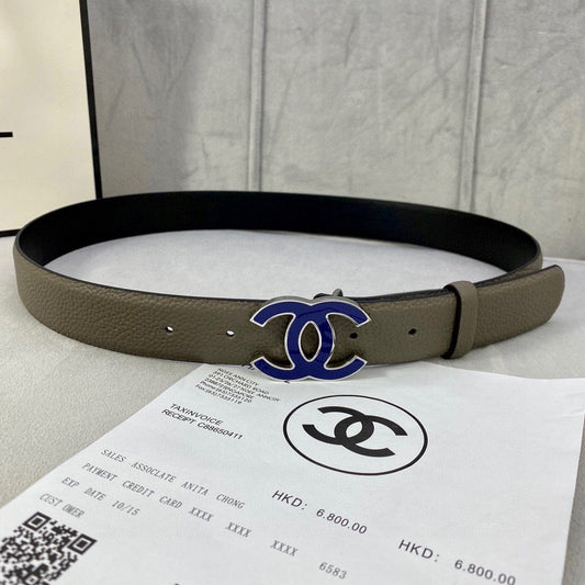 CC 30MM BELT IN MOCHA BROWN GRAINED CALFSKIN WITH NAVY BLUE LOGO - 30