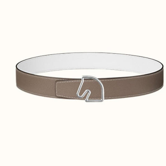 BOUCLE BELT BUCKLE & REVERSIBLE KHAKI BROWN AND WHITE LEATHER STRAP 38MM SILVER HARDWARE - 30