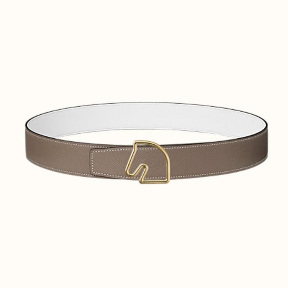 BOUCLE BELT BUCKLE & REVERSIBLE KHAKI BROWN AND WHITE LEATHER STRAP 38MM GOLD HARDWARE - 30