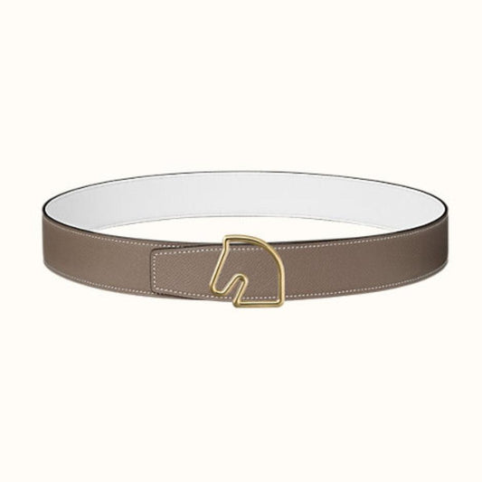 BOUCLE BELT BUCKLE & REVERSIBLE KHAKI BROWN AND WHITE LEATHER STRAP 38MM GOLD HARDWARE - 30