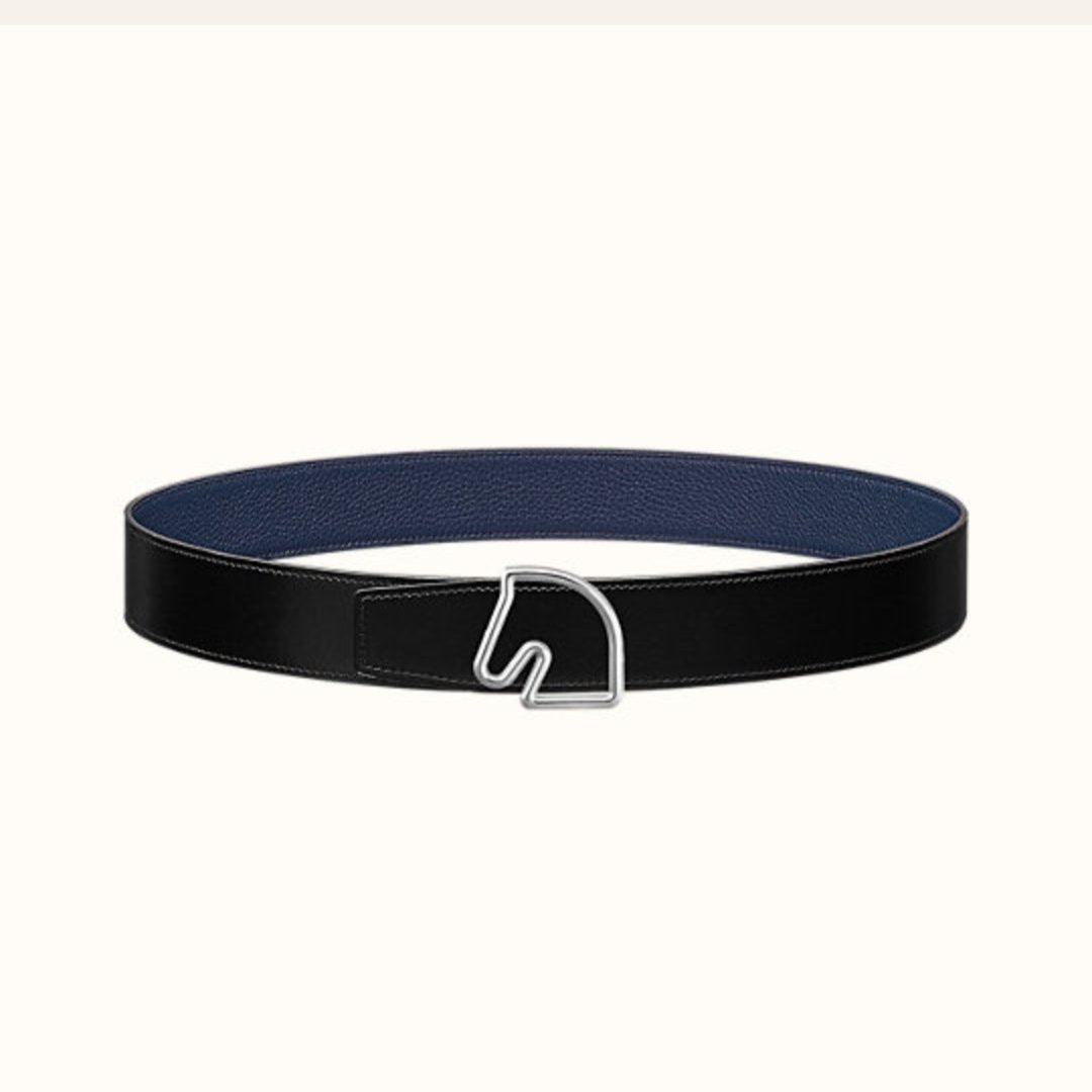 BOUCLE BELT BUCKLE & REVERSIBLE NAVY BLUE AND BLACK AND WHITE LEATHER STRAP 38MM SILVER HARDWARE - 30