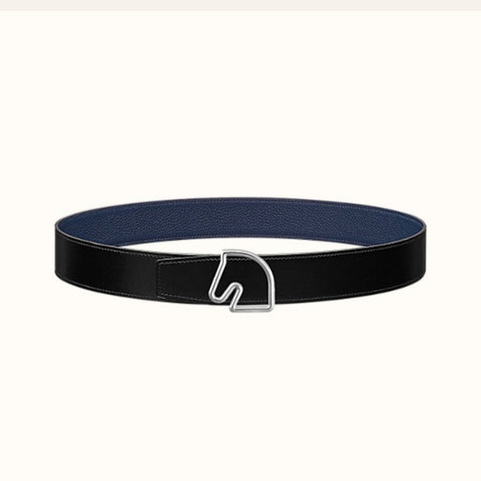 BOUCLE BELT BUCKLE & REVERSIBLE NAVY BLUE AND BLACK AND WHITE LEATHER STRAP 38MM SILVER HARDWARE - 30