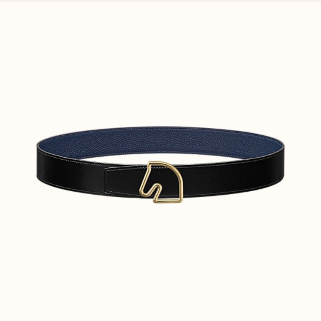 BOUCLE BELT BUCKLE & REVERSIBLE NAVY BLUE AND BLACK AND WHITE LEATHER STRAP 38MM GOLD HARDWARE - 30
