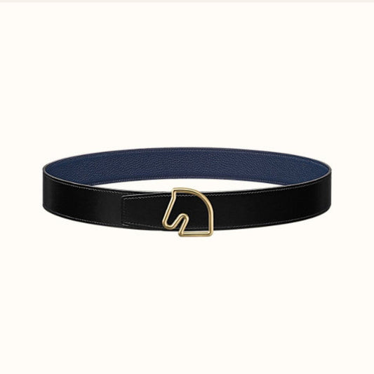 BOUCLE BELT BUCKLE & REVERSIBLE NAVY BLUE AND BLACK AND WHITE LEATHER STRAP 38MM GOLD HARDWARE - 30