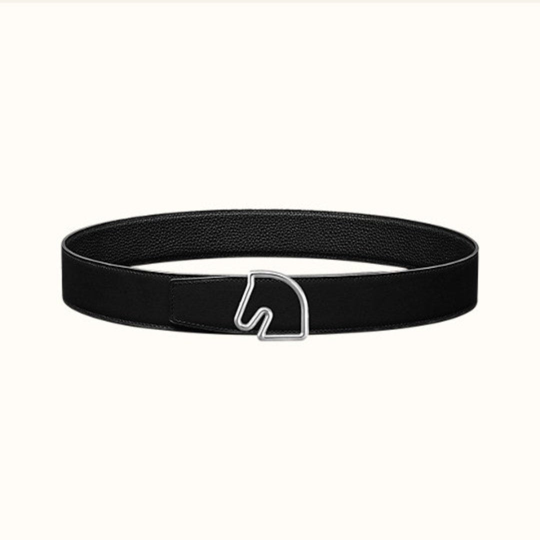 BOUCLE BELT BUCKLE & REVERSIBLE BLACK AND WHITE LEATHER STRAP 38MM SILVER HARDWARE - 30
