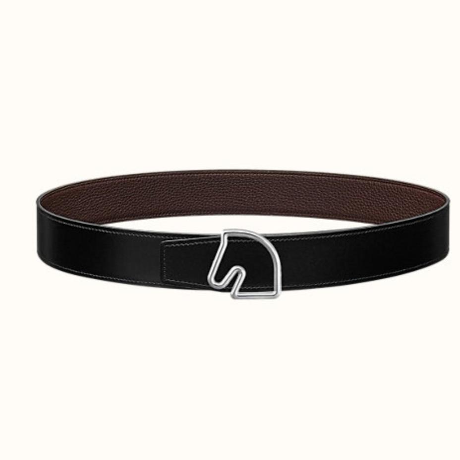 BOUCLE BELT BUCKLE & REVERSIBLE CHOCOLATE BROWN AND BLACK LEATHER STRAP 38MM SILVER HARDWARE - 30