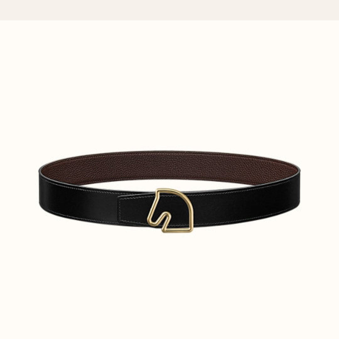 BOUCLE BELT BUCKLE & REVERSIBLE CHOCOLATE BROWN AND BLACK LEATHER STRAP 38MM GOLD HARDWARE - 30