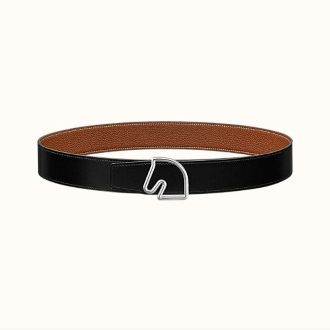 BOUCLE BELT BUCKLE & REVERSIBLE GINGER ORANGE AND BLACK LEATHER STRAP 38MM SILVER HARDWARE - 30
