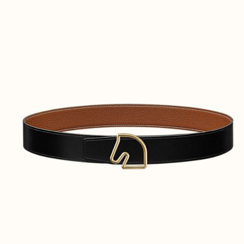 BOUCLE BELT BUCKLE & REVERSIBLE GINGER ORANGE AND BLACK LEATHER STRAP 38MM GOLD HARDWARE - 30