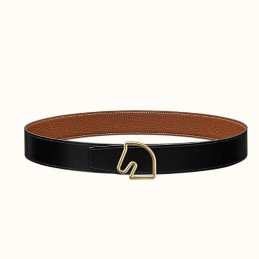 BOUCLE BELT BUCKLE & REVERSIBLE GINGER ORANGE AND BLACK LEATHER STRAP 38MM GOLD HARDWARE - 30