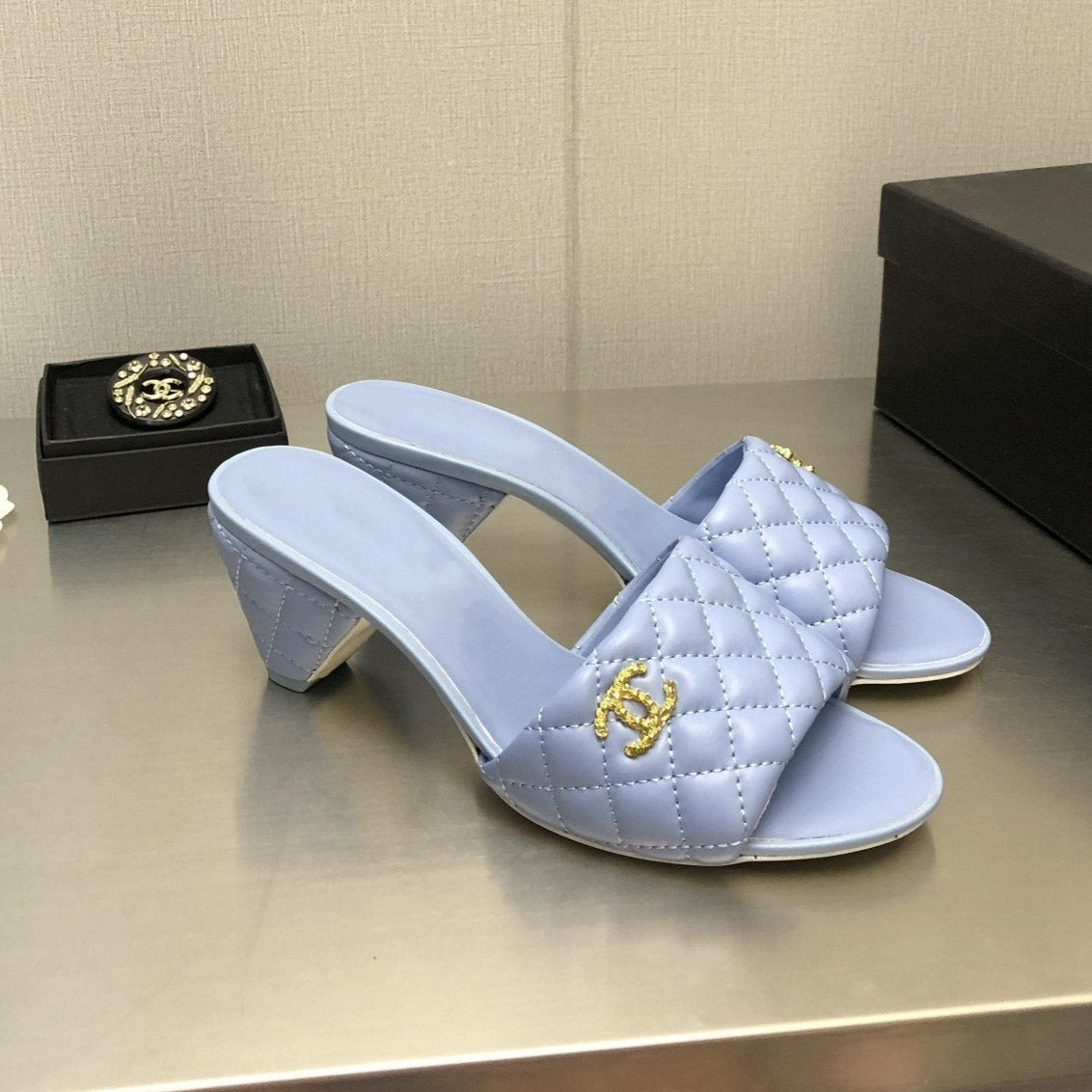 cc rev cone heel mule slide sandal cloud blue quilted lambskin 6cm - 35