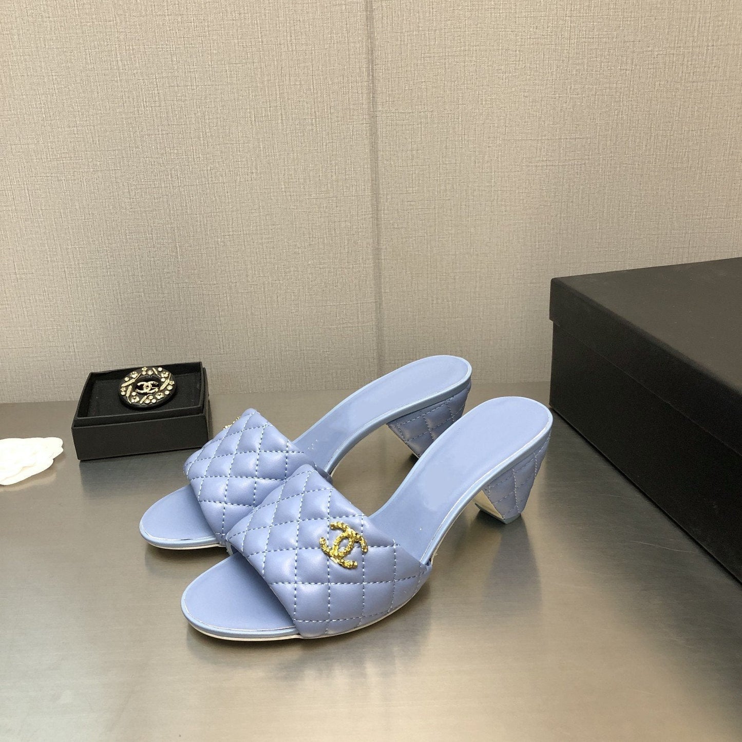 cc rev cone heel mule slide sandal cloud blue quilted lambskin 6cm - 35