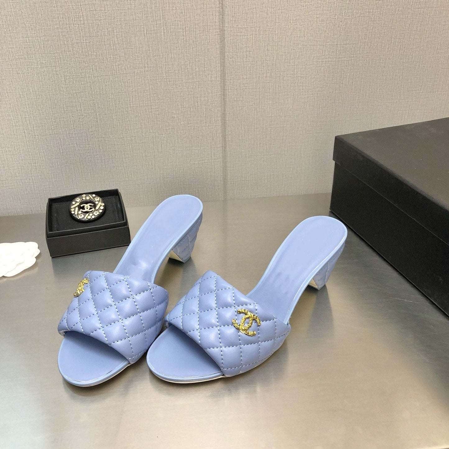 cc rev cone heel mule slide sandal cloud blue quilted lambskin 6cm - 35