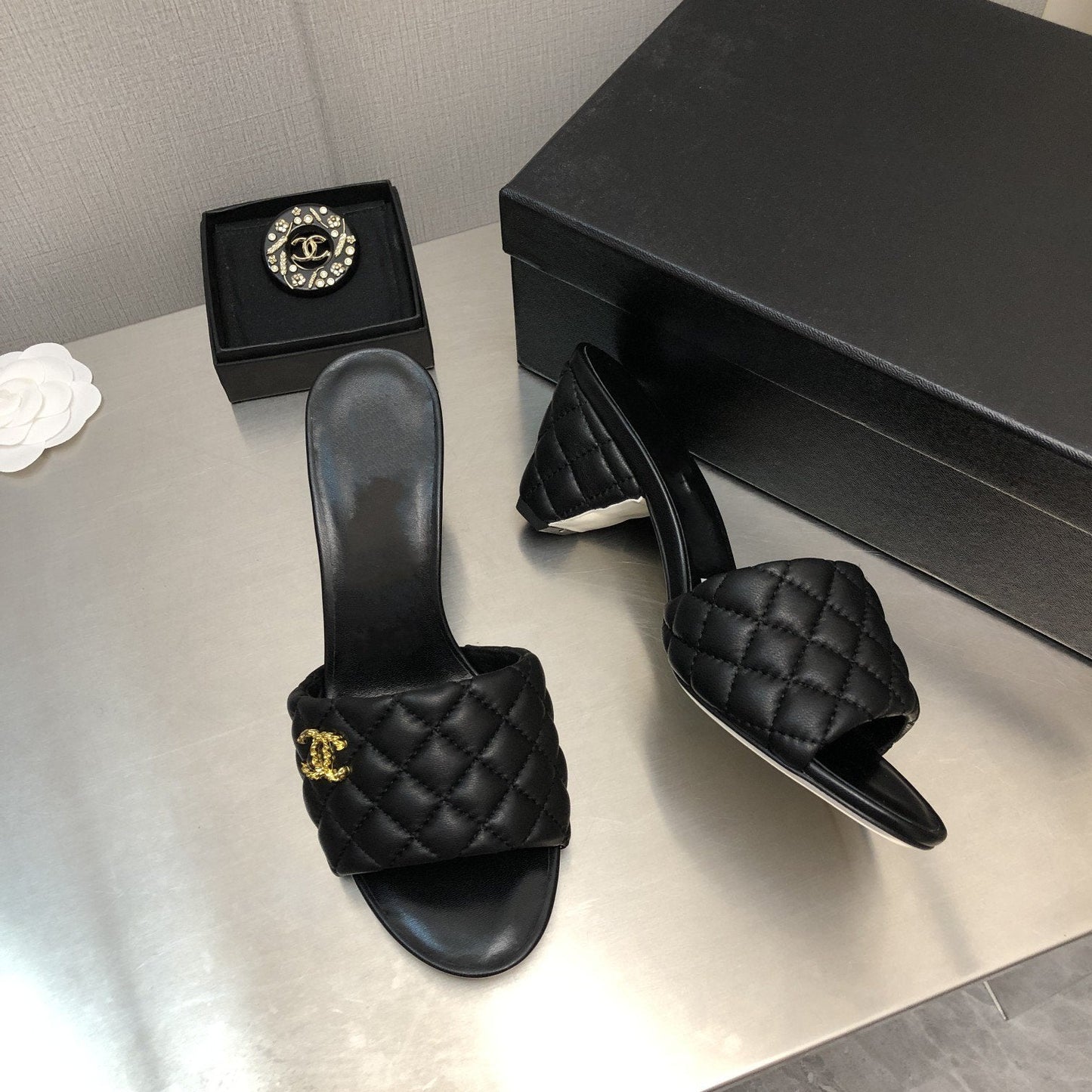 cc rev cone heel mule slide sandal black quilted lambskin 6cm - 35