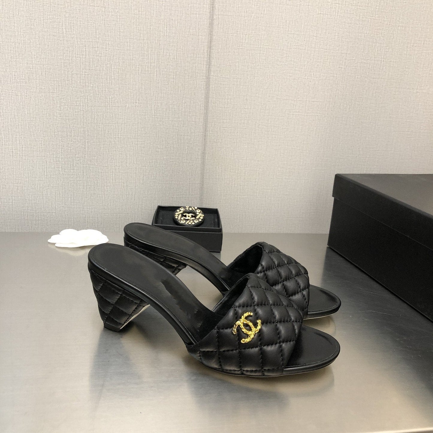 cc rev cone heel mule slide sandal black quilted lambskin 6cm - 35