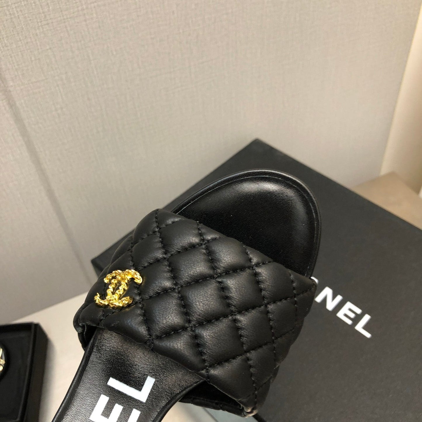 cc rev cone heel mule slide sandal black quilted lambskin 6cm - 35