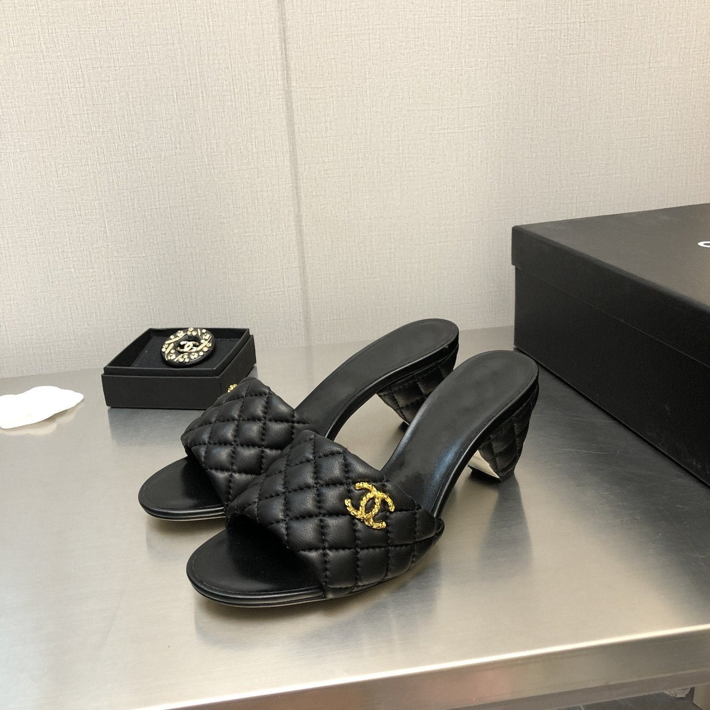 cc rev cone heel mule slide sandal black quilted lambskin 6cm - 35