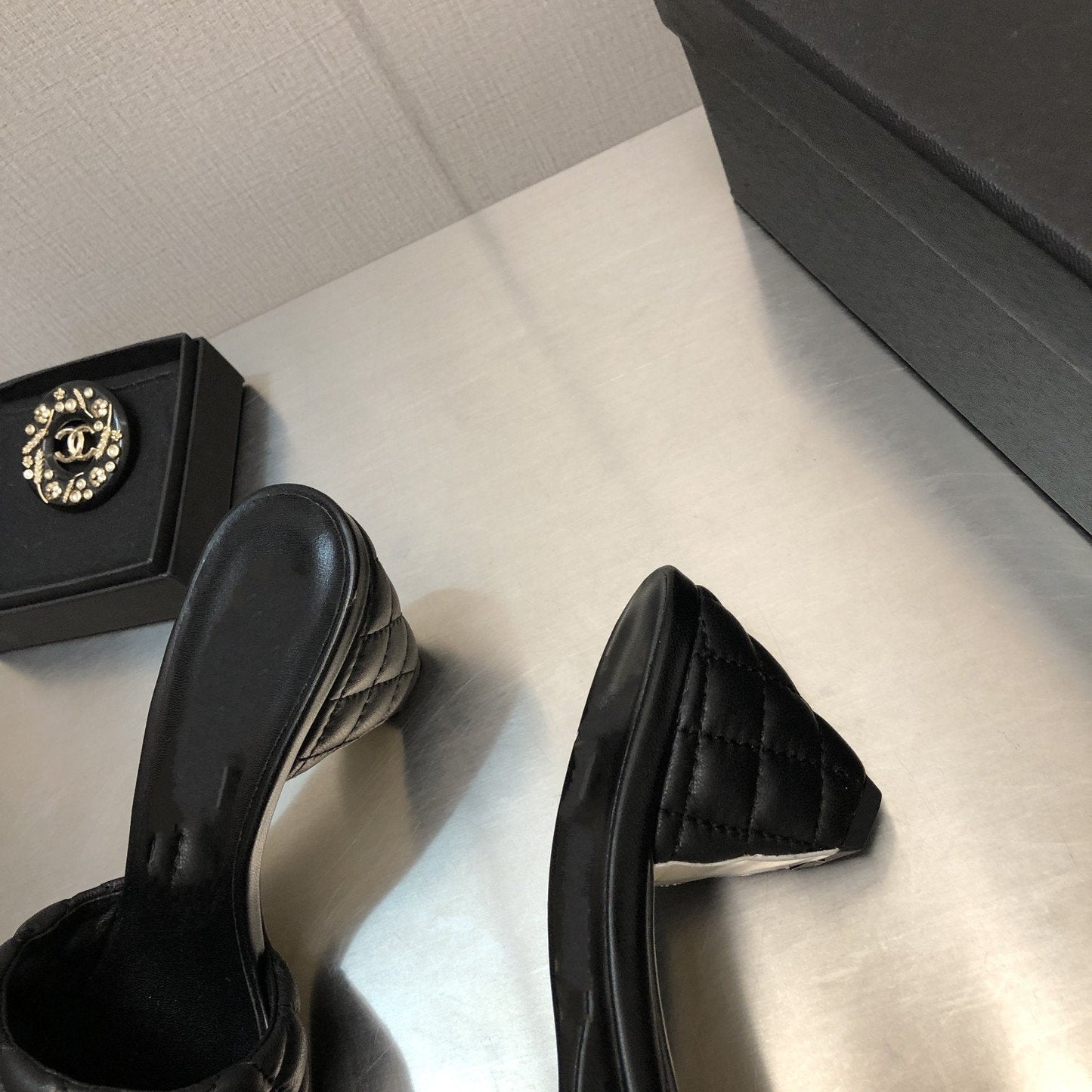 cc rev cone heel mule slide sandal black quilted lambskin 6cm - 35