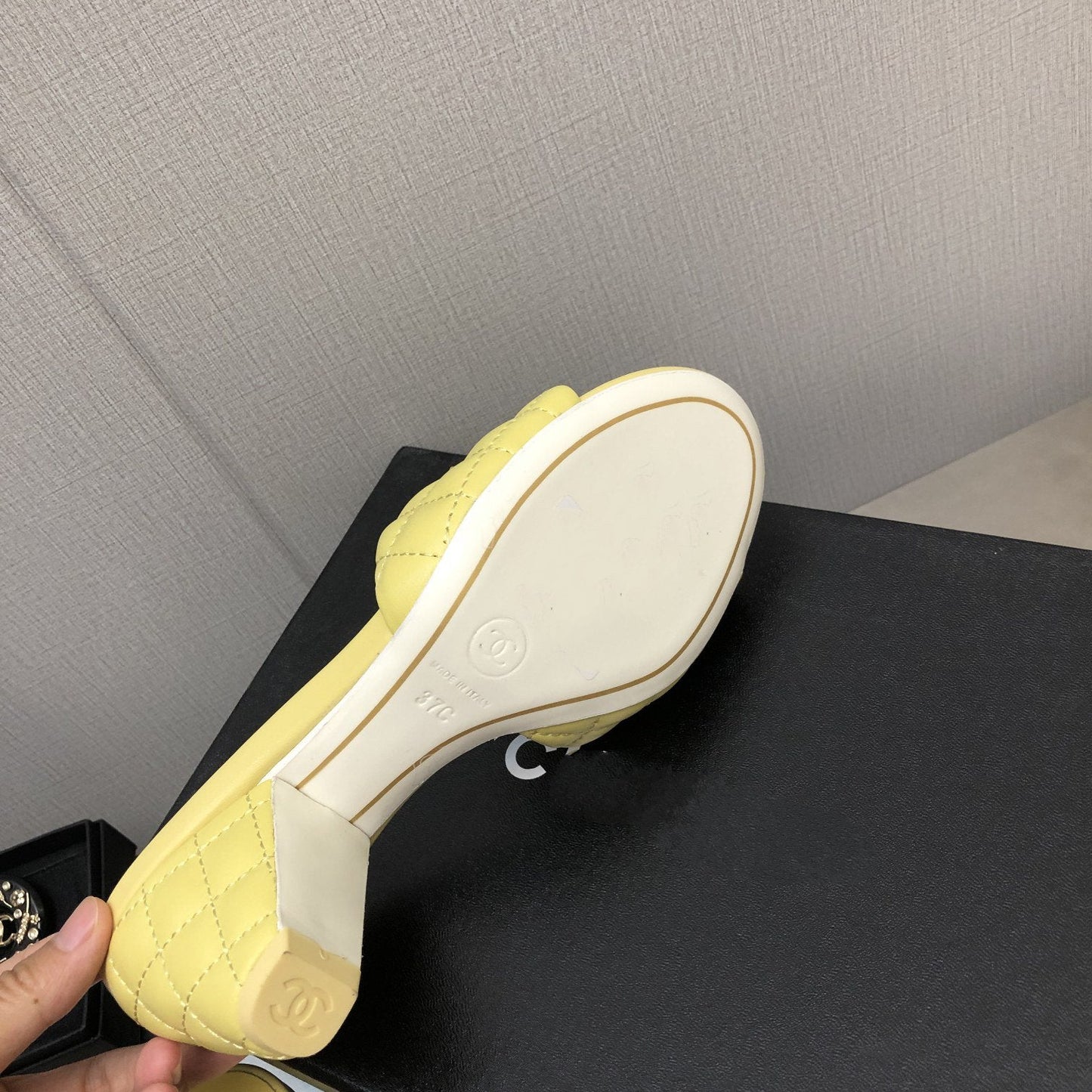 cc rev cone heel mule slide sandal lime quilted lambskin 6cm - 35