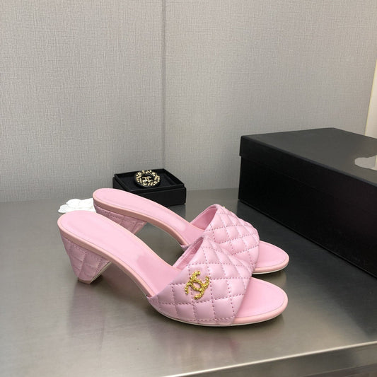 cc rev cone heel mule slide sandal pink quilted lambskin 6cm - 35