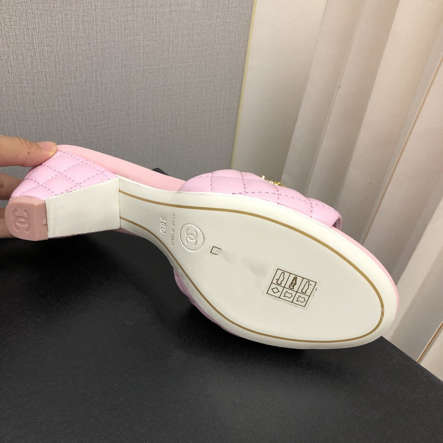 cc rev cone heel mule slide sandal pink quilted lambskin 6cm - 35