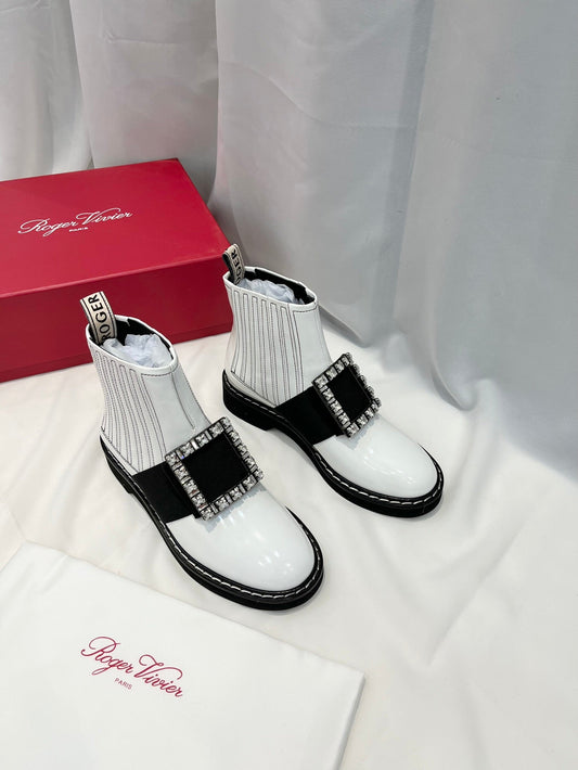 VIV' RANGERS CHELSEA BOOTIES IN WHITE CALFSKIN CRYSTAL BUCKLE - 34