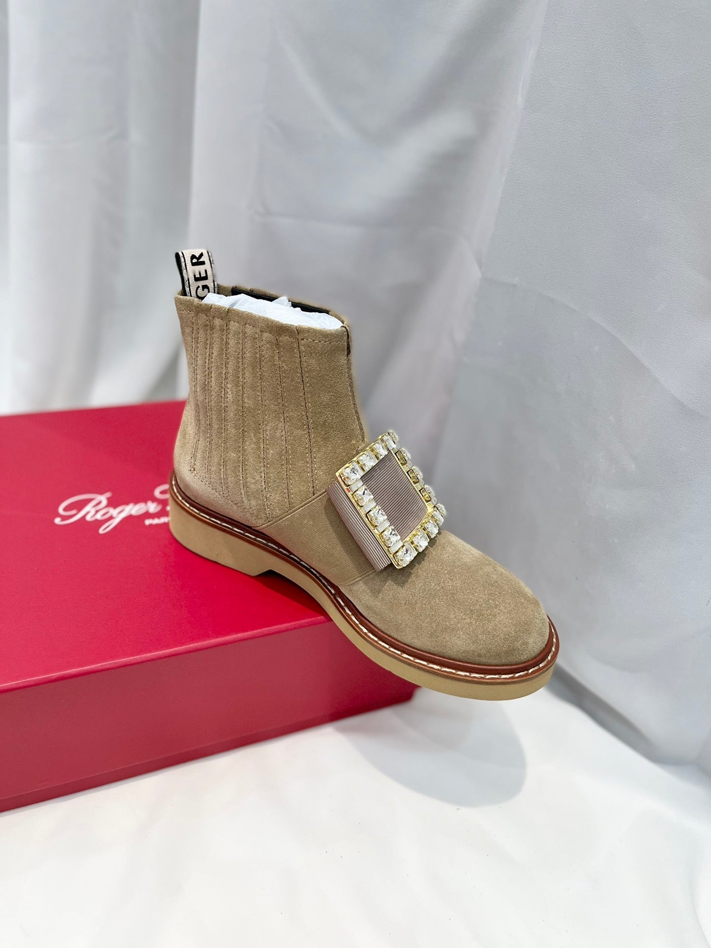 VIV' RANGERS CHELSEA BOOTIES IN LIGHT BROWN SUEDE CRYSTAL BUCKLE - 34