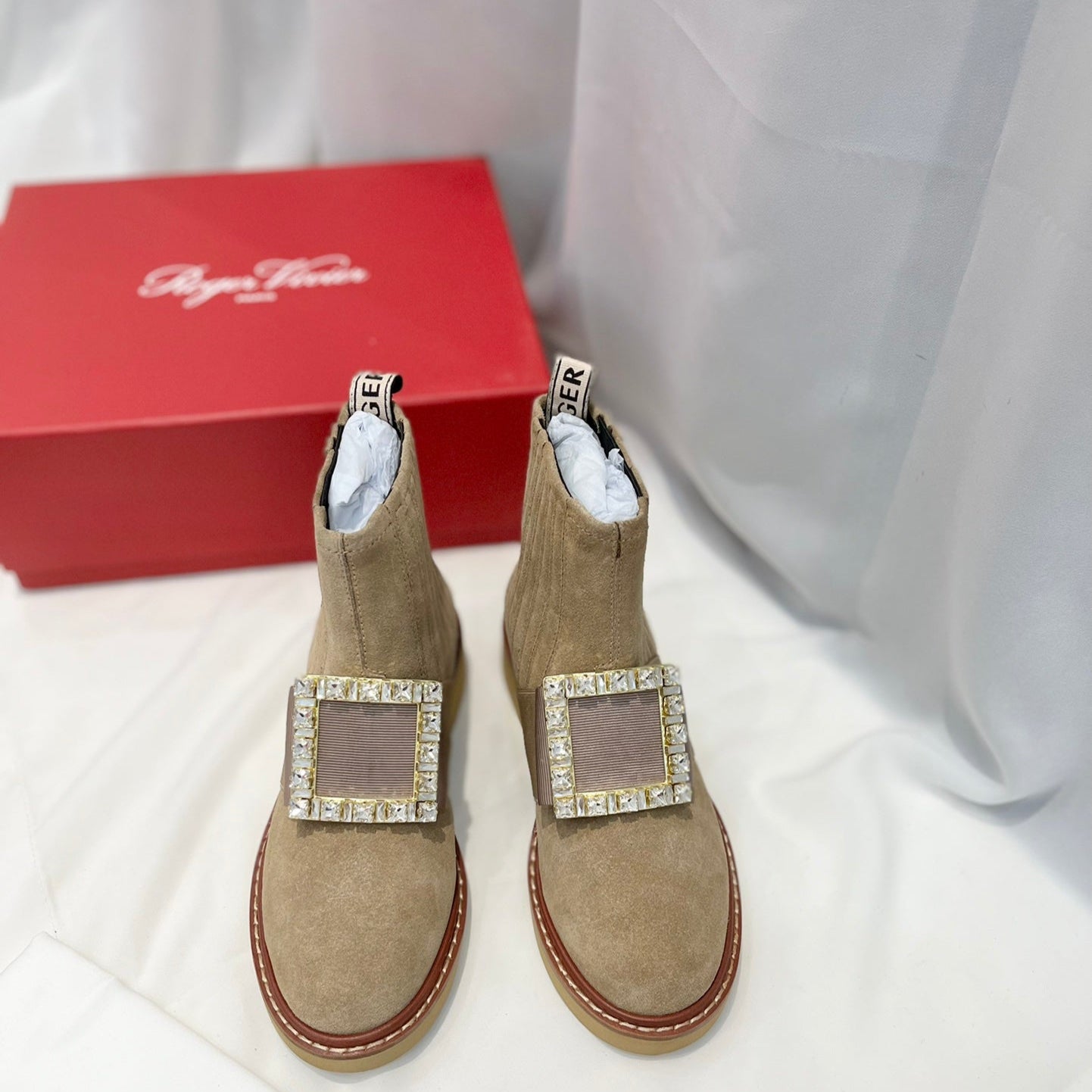 VIV' RANGERS CHELSEA BOOTIES IN LIGHT BROWN SUEDE CRYSTAL BUCKLE - 34