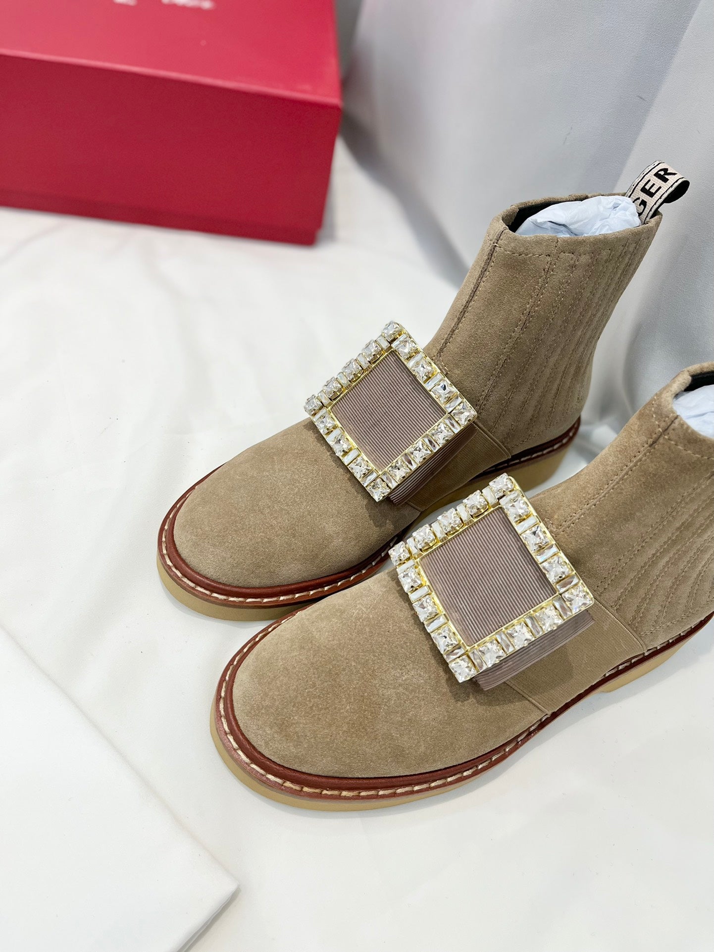 VIV' RANGERS CHELSEA BOOTIES IN LIGHT BROWN SUEDE CRYSTAL BUCKLE - 34