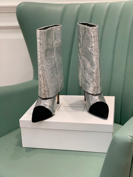 ЧОБОТИ BALMAIN 26S 105 ММ ЗІ СРІБНИМ БЛИСКОМ ТА ЧОРНОЮ ЗАМШЕЮ