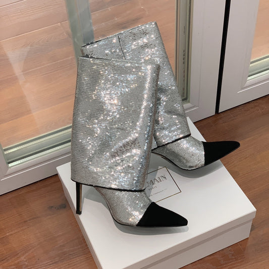 ЧОБОТИ BALMAIN 26S 105 ММ ЗІ СРІБНИМ БЛИСКОМ ТА ЧОРНОЮ ЗАМШЕЮ