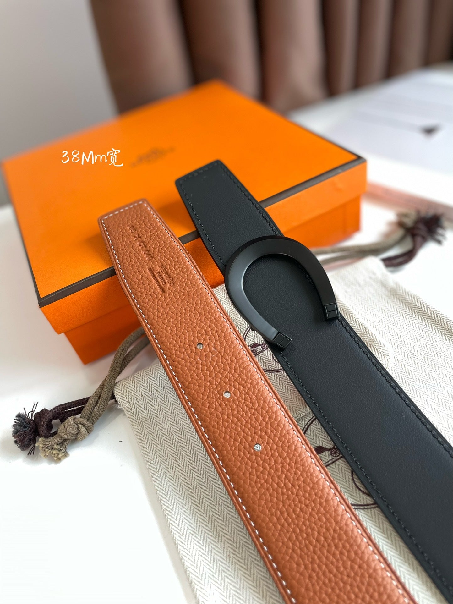 HM LUCK BELT BUCKLE & REVERSIBLE GINGER ORANGE AND BLACK LEATHER STRAP 38MM - 30