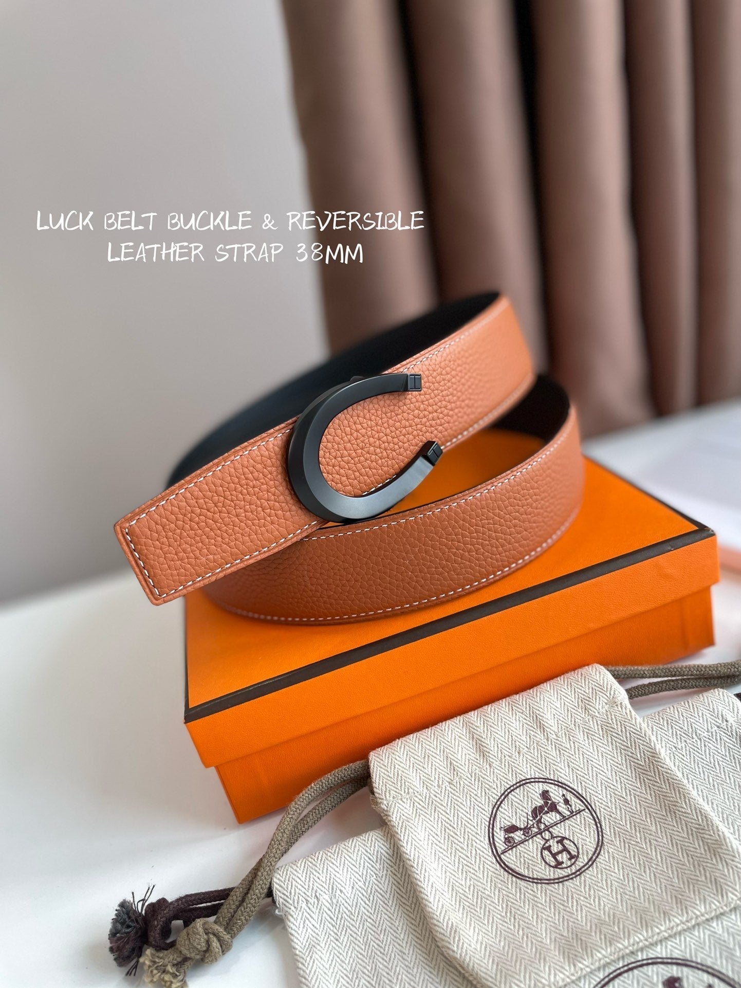 HM LUCK BELT BUCKLE & REVERSIBLE GINGER ORANGE AND BLACK LEATHER STRAP 38MM - 30
