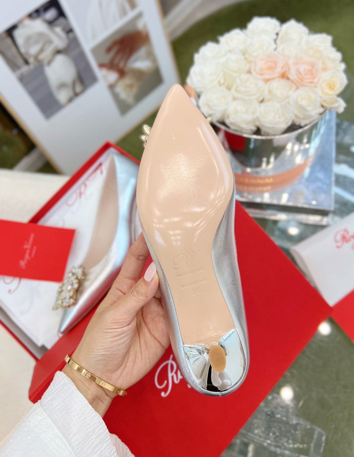 EFFLORESCENCE POINTED-TOE PUMPS IN SILVER SATIN WITH CRYSTAL BUCKLE - 35