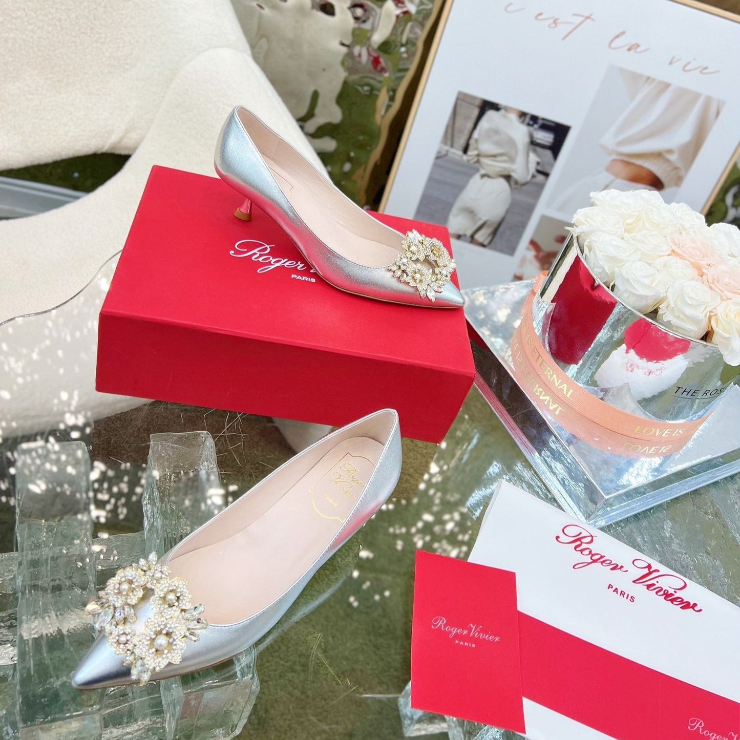 EFFLORESCENCE POINTED-TOE PUMPS IN SILVER SATIN WITH CRYSTAL BUCKLE - 35