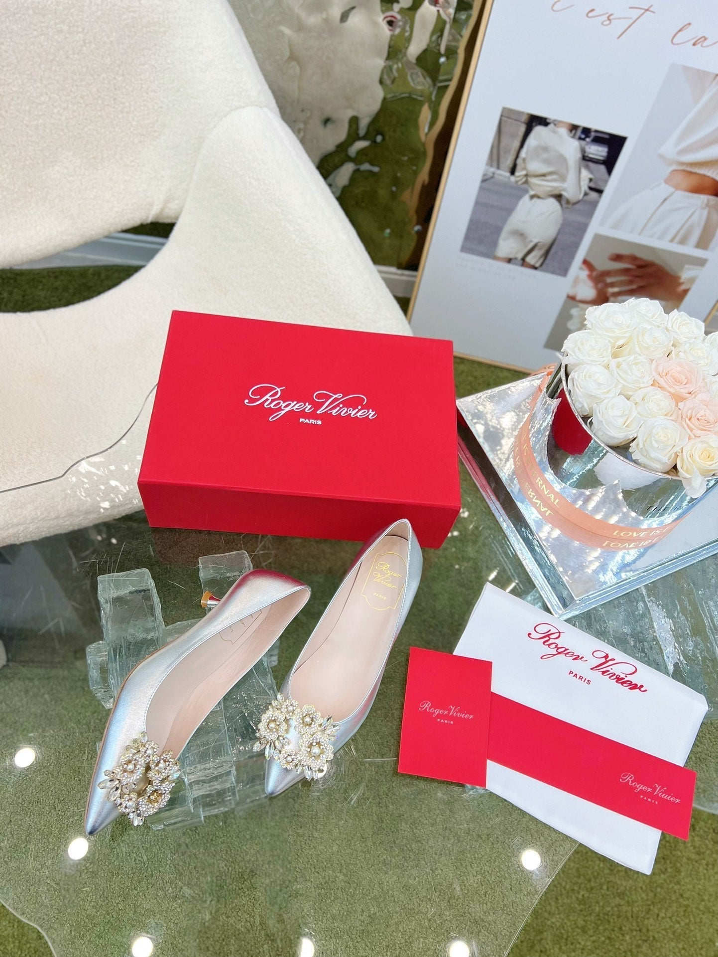 EFFLORESCENCE POINTED-TOE PUMPS IN SILVER SATIN WITH CRYSTAL BUCKLE - 35