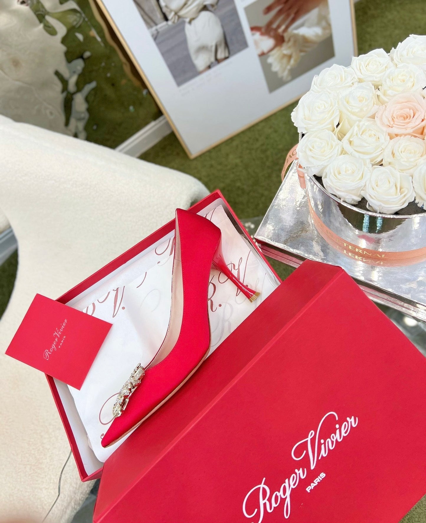 EFFLORESCENCE POINTED-TOE PUMPS IN RED SATIN WITH CRYSTAL BUCKLE - 35